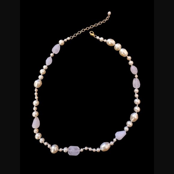 Vintage Rose Quartz And Faux Pearl Gold Tone 22" Long Necklace - Picture 1 of 4
